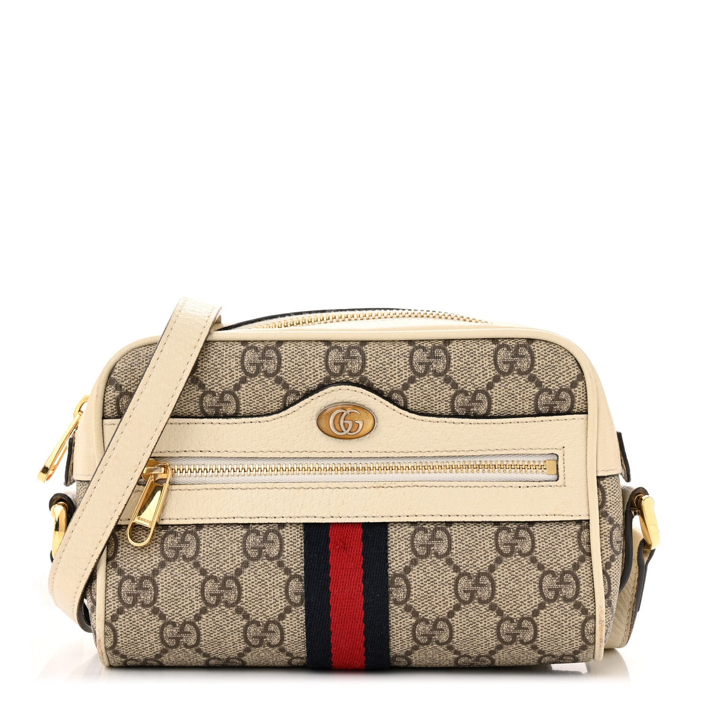 GG Supreme Monogram Textured Calfskin Web Mini Ophidia Shoulder Bag Beige Ebony Mystic White