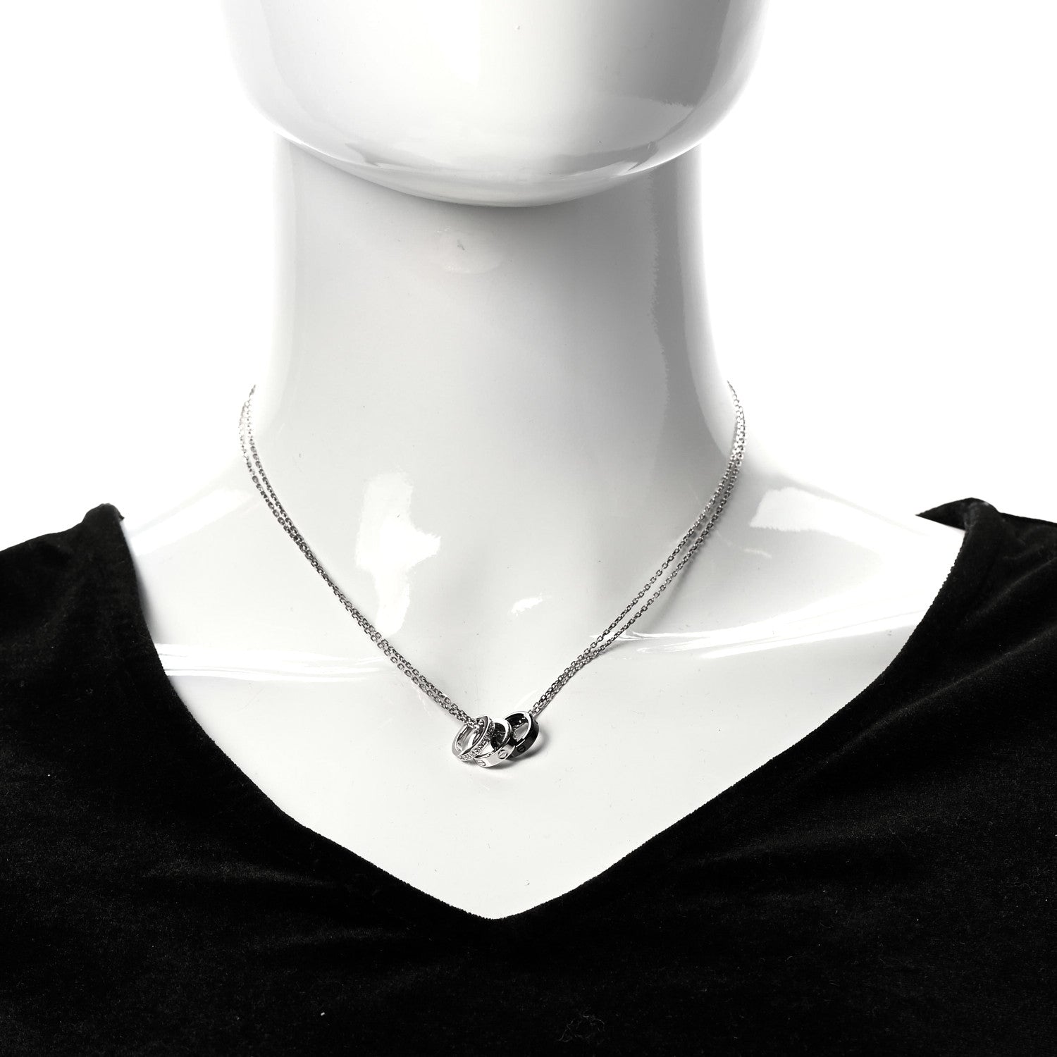 Cartier 18K White Gold Ceramic Diamond Three Ring LOVE Necklace 2 of 6