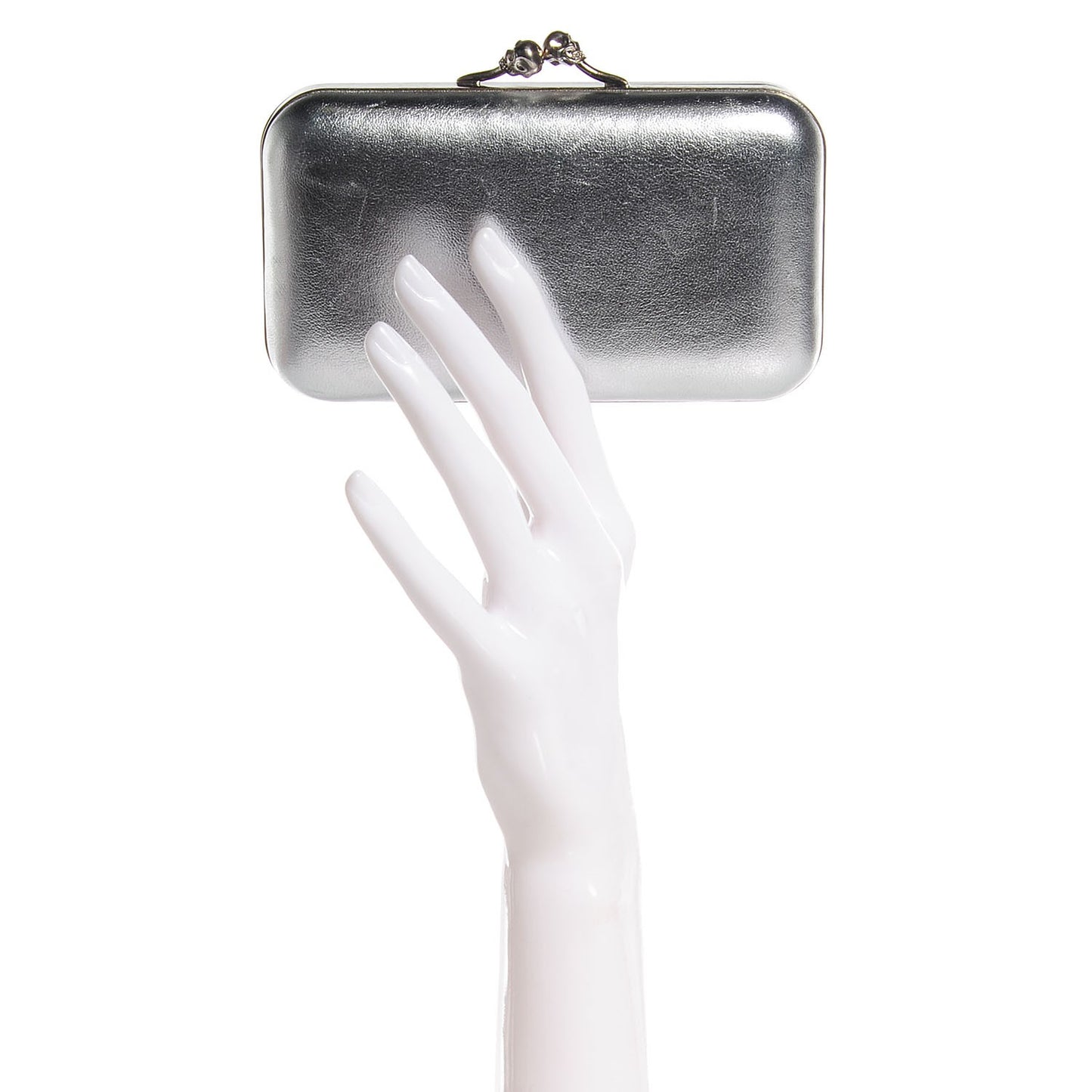 Leather Twin Skull Box Clutch Silver