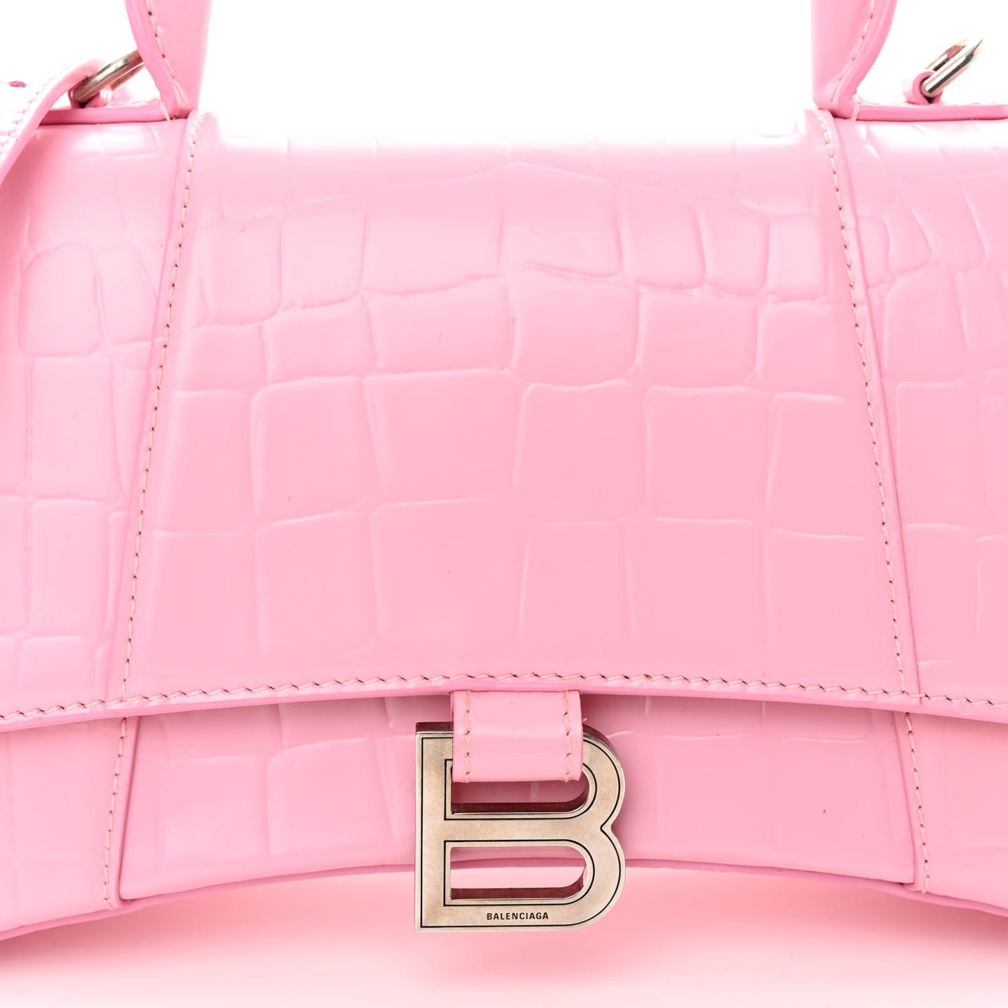 Semi Shiny Calfskin Crocodile Embossed Small Hourglass Top Handle Bag Pink