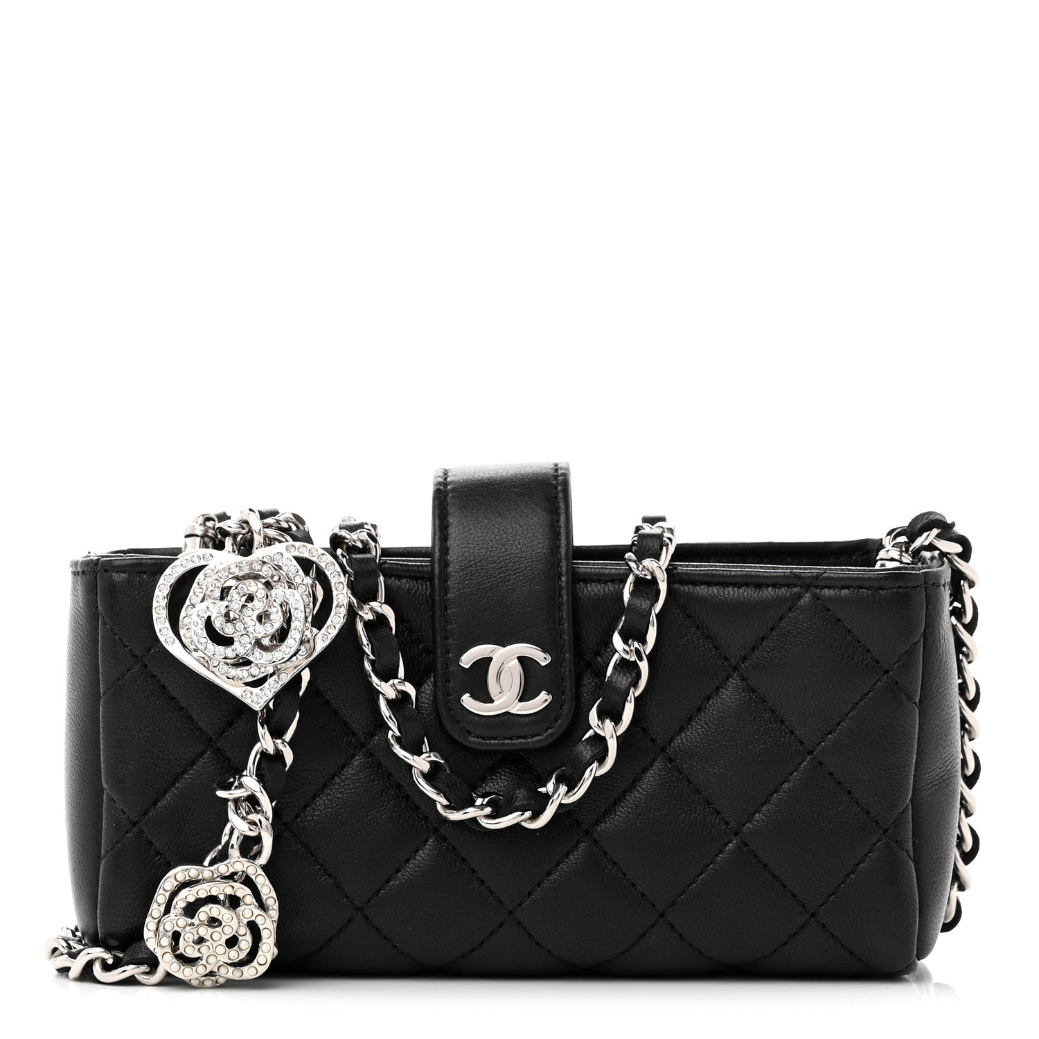 Chanel Lambskin Quilted Crystal Valentine Charms Mini Phone Holder Crossbody Bag Black 1 of 10