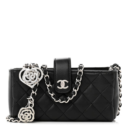 Chanel Lambskin Quilted Crystal Valentine Charms Mini Phone Holder Crossbody Bag Black 1 of 10