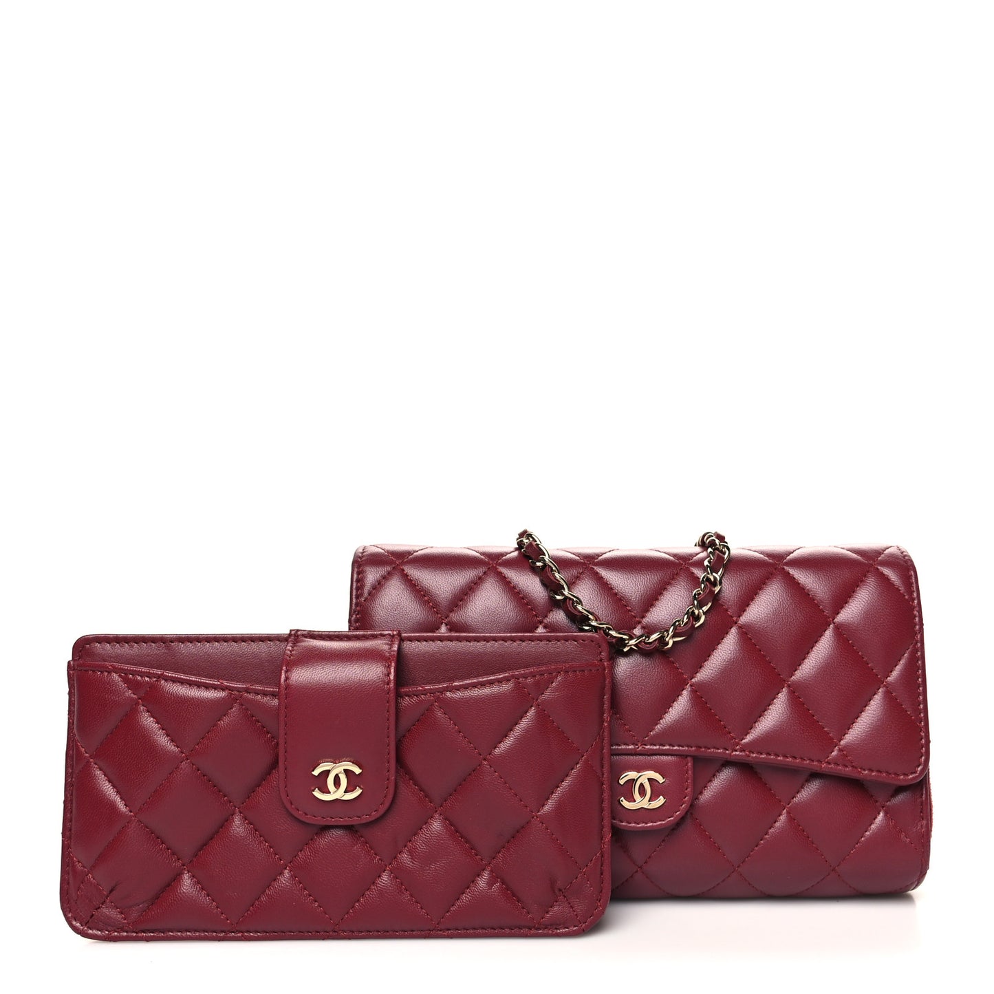 Lambskin Quilted Phone Holder Wallet on Removable Chain Burgundy