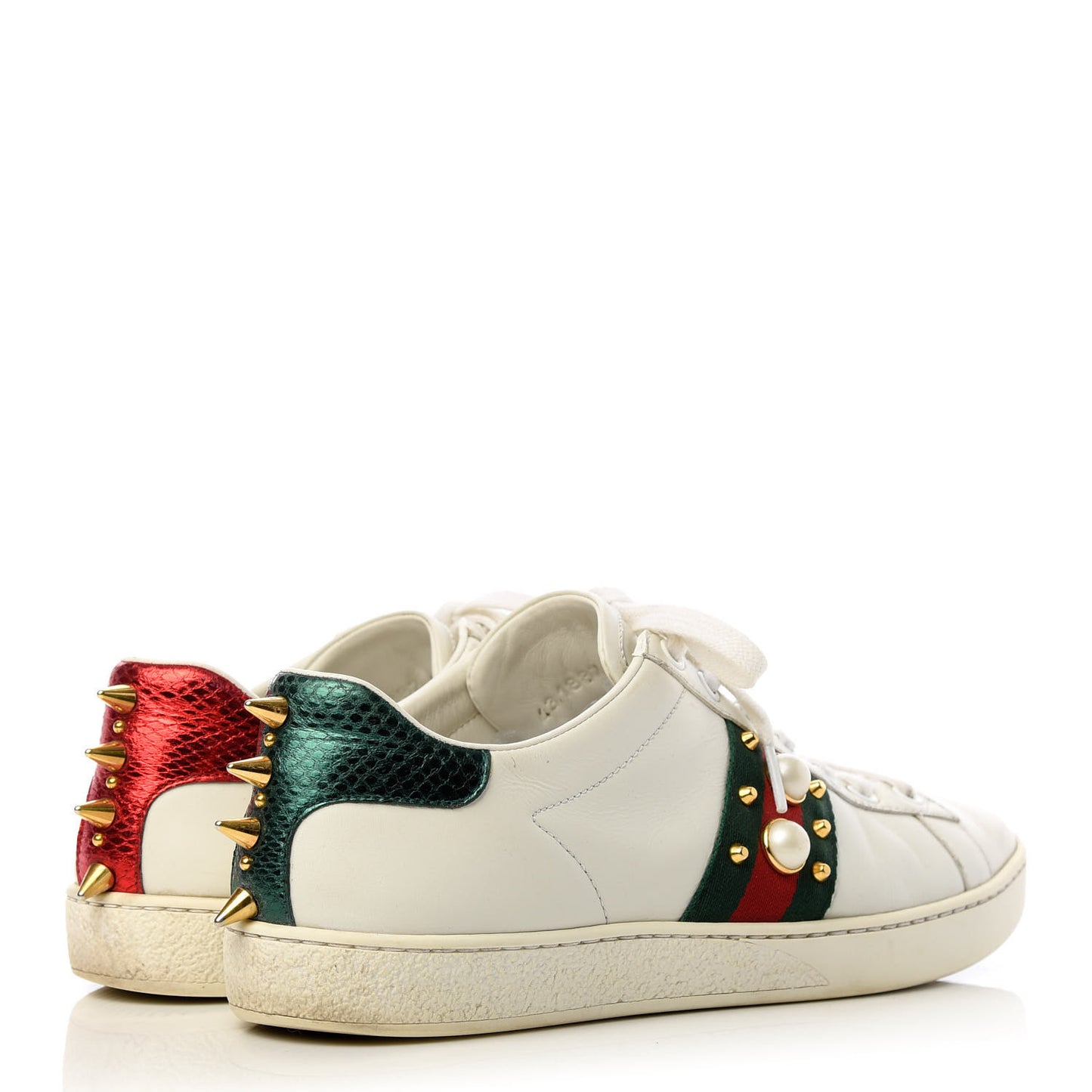 Calfskin Web Pearl Studded Womens Ace Sneakers 37.5 White