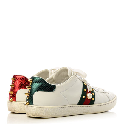 Gucci Calfskin Web Pearl Studded Womens Ace Sneakers 37.5 White 4 of 11