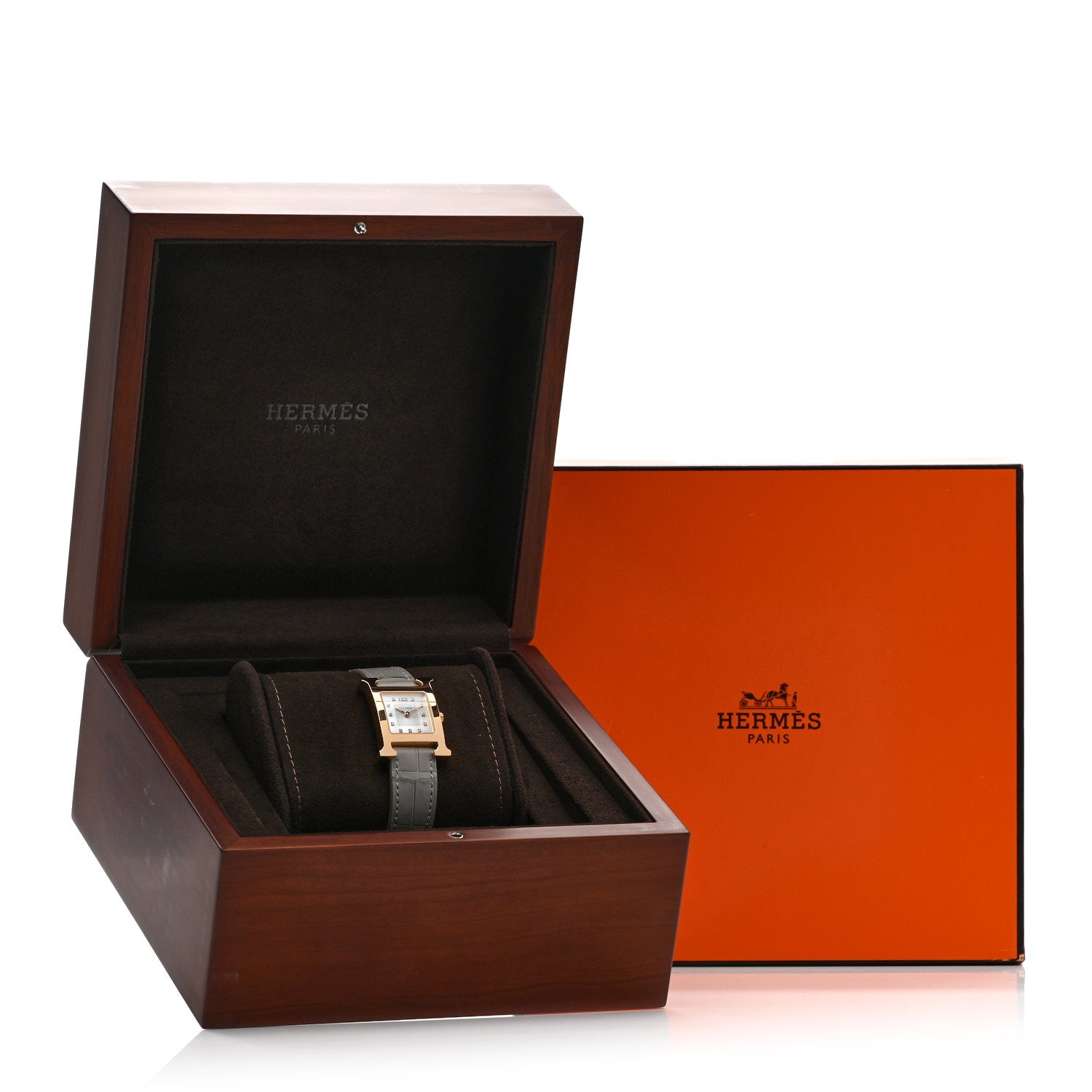 Hermes Stainless Steel Alligator Diamond Mother of Pearl 21mm Heure H Hour Quartz Watch Gris Perle 5 of 5