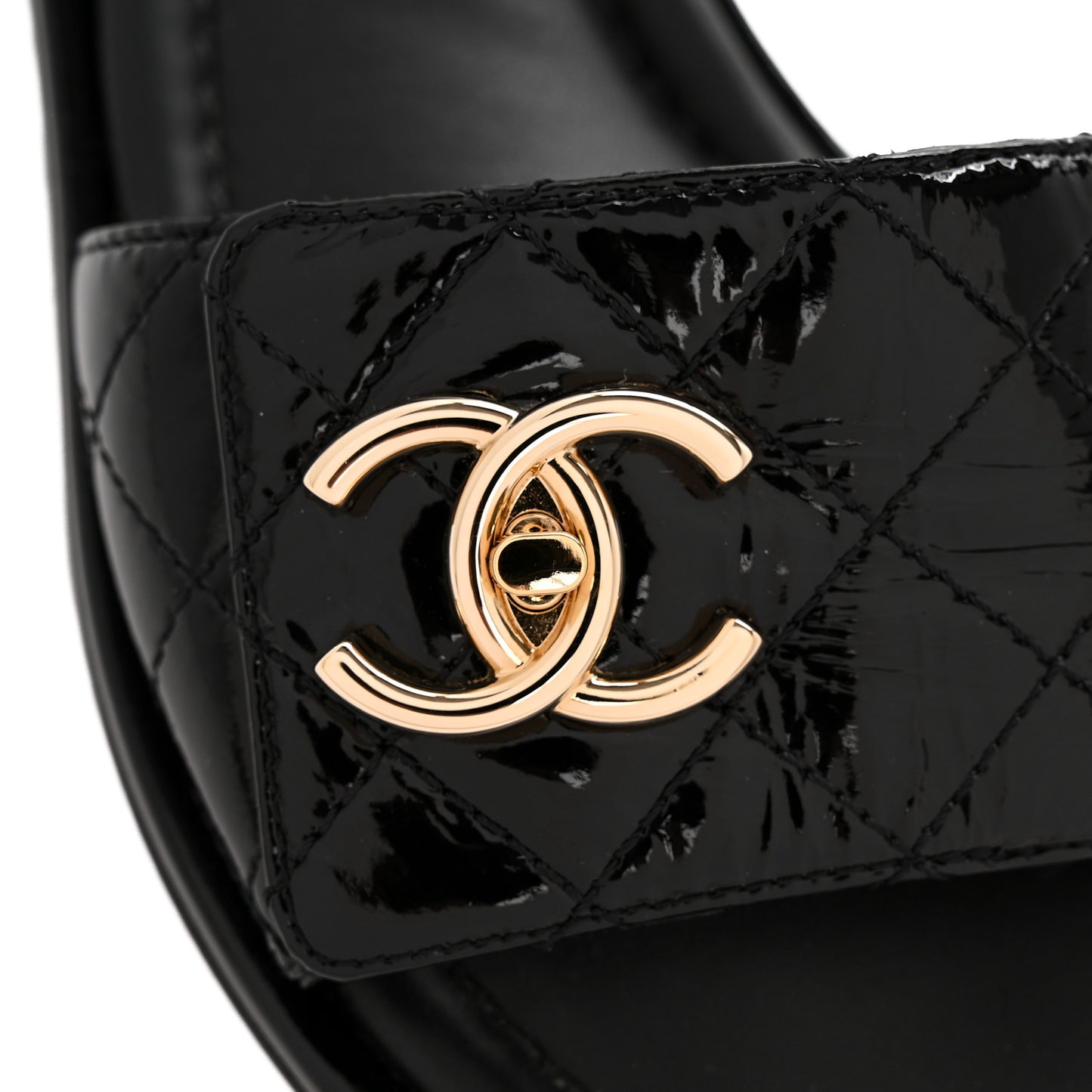 Patent Goatskin Quilted CC Mules Sandals 36 Black