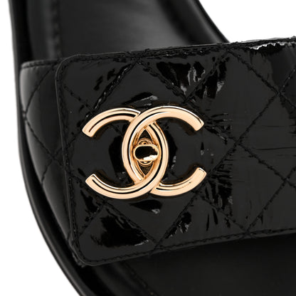 Chanel Patent Goatskin Quilted CC Mules Sandals 36 Black 10 of 11