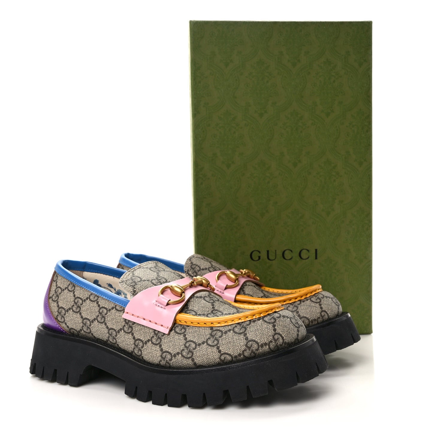 GG Supreme Monogram Cordovan Lux Womens Harald Horsebit 25mm Platform Loafers 40 Beige Sugar Pink Crop Shine Purple Marine