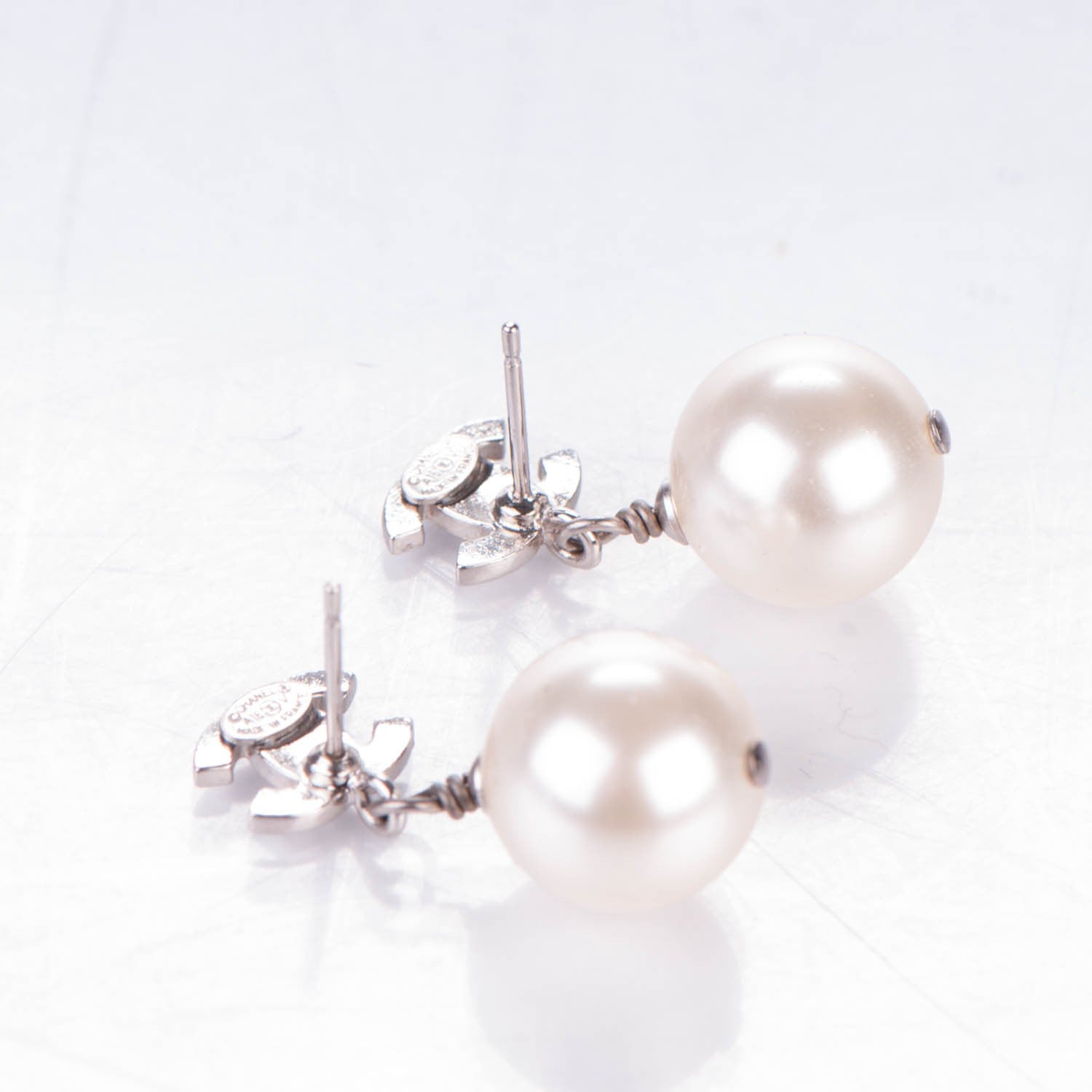 Chanel Crystal Pearl CC Drop Earrings Silver 3 of 5