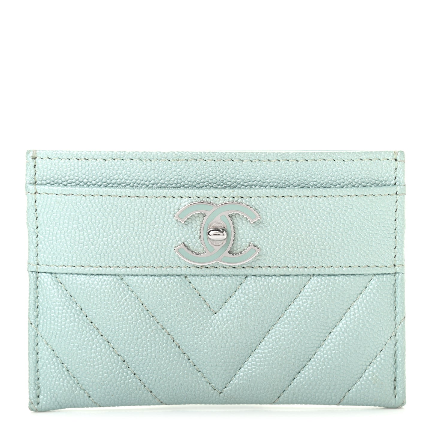 Metallic Caviar Chevron Quilted Vintage Mademoiselle Card Holder Light Blue