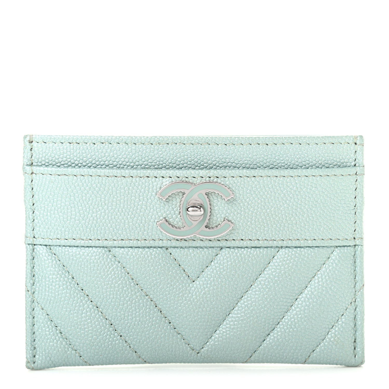 Chanel Metallic Caviar Chevron Quilted Vintage Mademoiselle Card Holder Light Blue 1 of 8