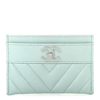 Chanel Metallic Caviar Chevron Quilted Vintage Mademoiselle Card Holder Light Blue 1 of 8