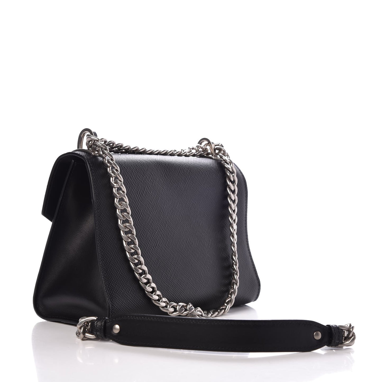 Saffiano Cuir Calfskin Monochrome Envelope Flap Chain Shoulder Bag Black