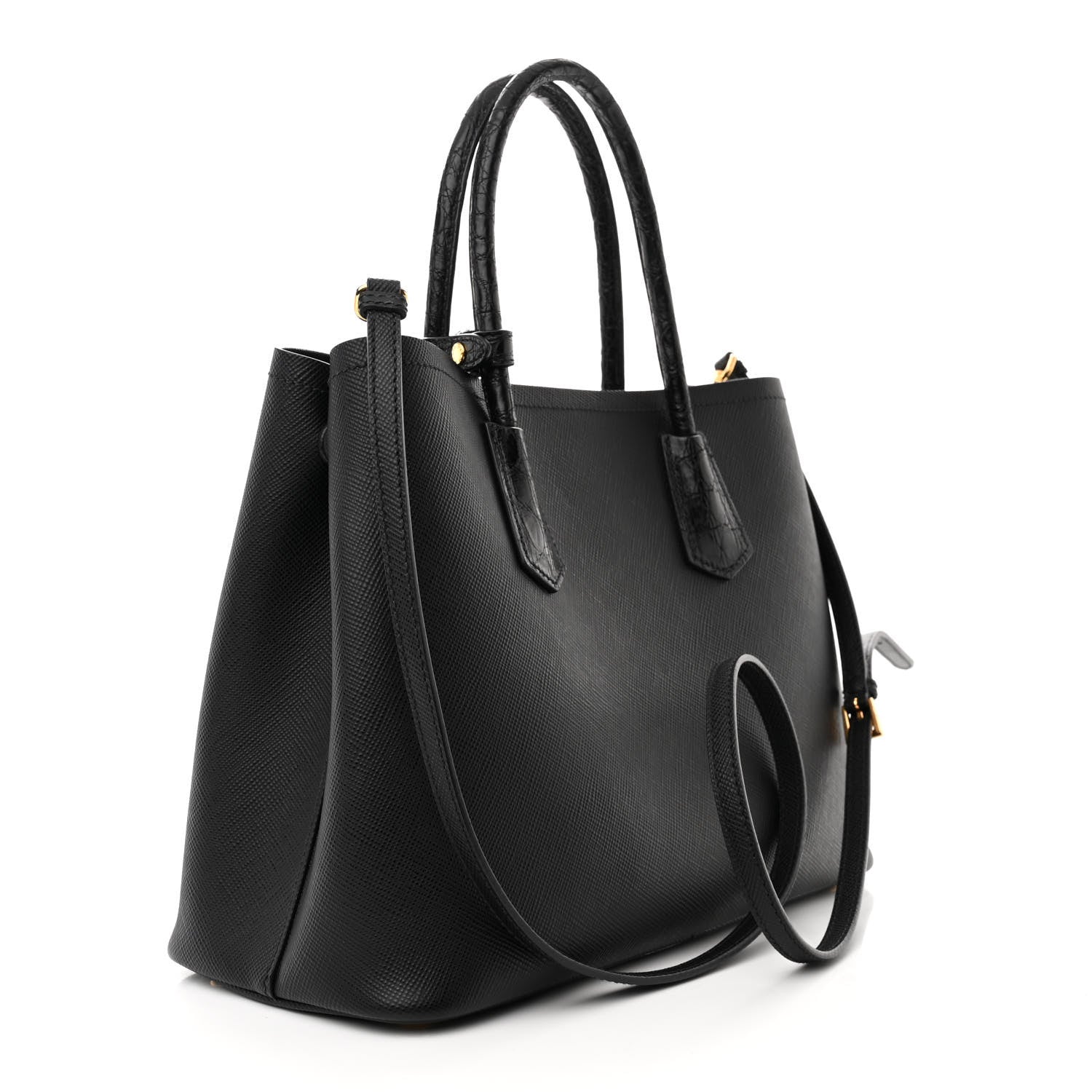 Prada Saffiano Cuir Crocodile Medium Double Bag Black 3 of 10