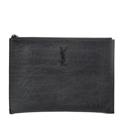 Saint Laurent Calfskin Crocodile Embossed Monogram iPad Case Black 1 of 11