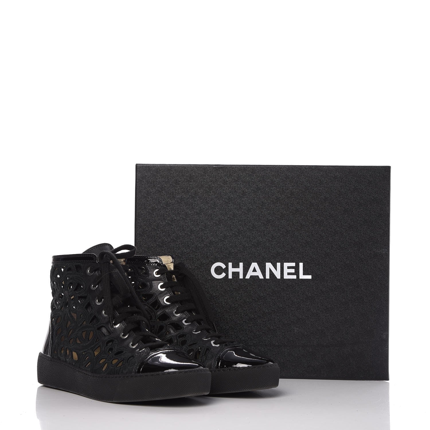 Chanel Patent Grained Goatskin Hollow Out Flower Sneakers 39.5 Black 12 of 12