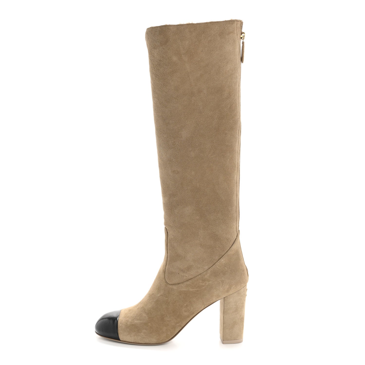 Chanel Suede Lambskin Shiny Calfskin Sherpa CC High Boots 38.5 Light Beige Black 1 of 11