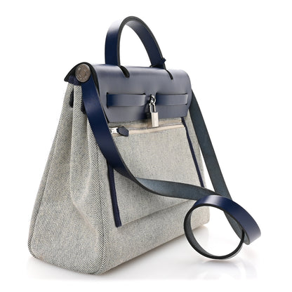 Hermes Vache Hunter Toile H Brides de Gala Herbag Zip Retourne 31 PM Bleu De France Ecru Black Bleu Saphir 4 of 12