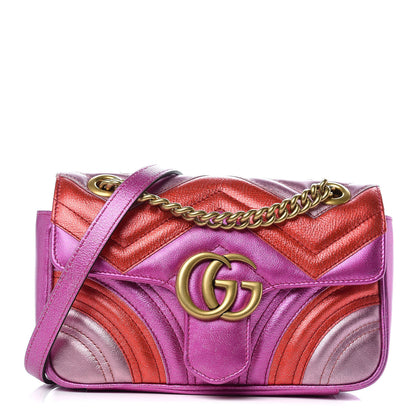Gucci Metallic Calfskin Matelasse Mini GG Marmont Shoulder Bag Fuchsia 1 of 9