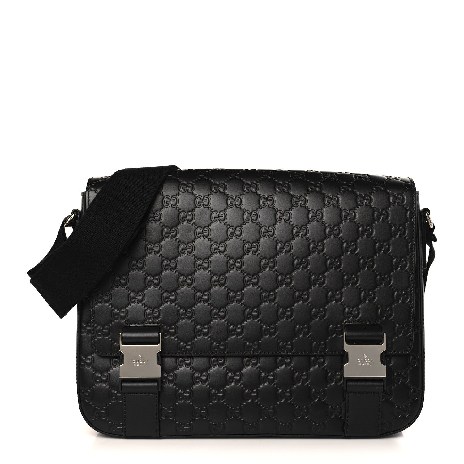 Gucci Guccissima Signature Medium Double Buckle Flap Messenger Bag Black 1 of 9