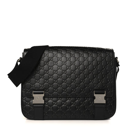 Gucci Guccissima Signature Medium Double Buckle Flap Messenger Bag Black 1 of 9