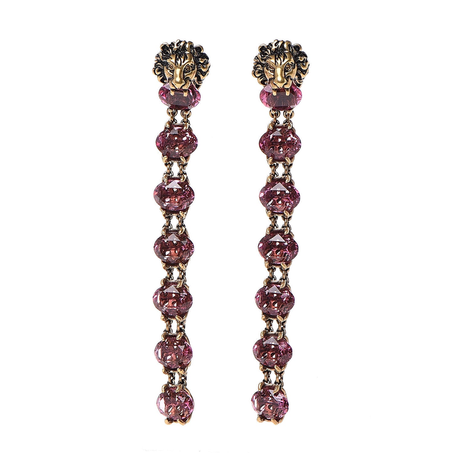 Crystal Metal Lionhead Drop Earrings Rosa Aged Gold