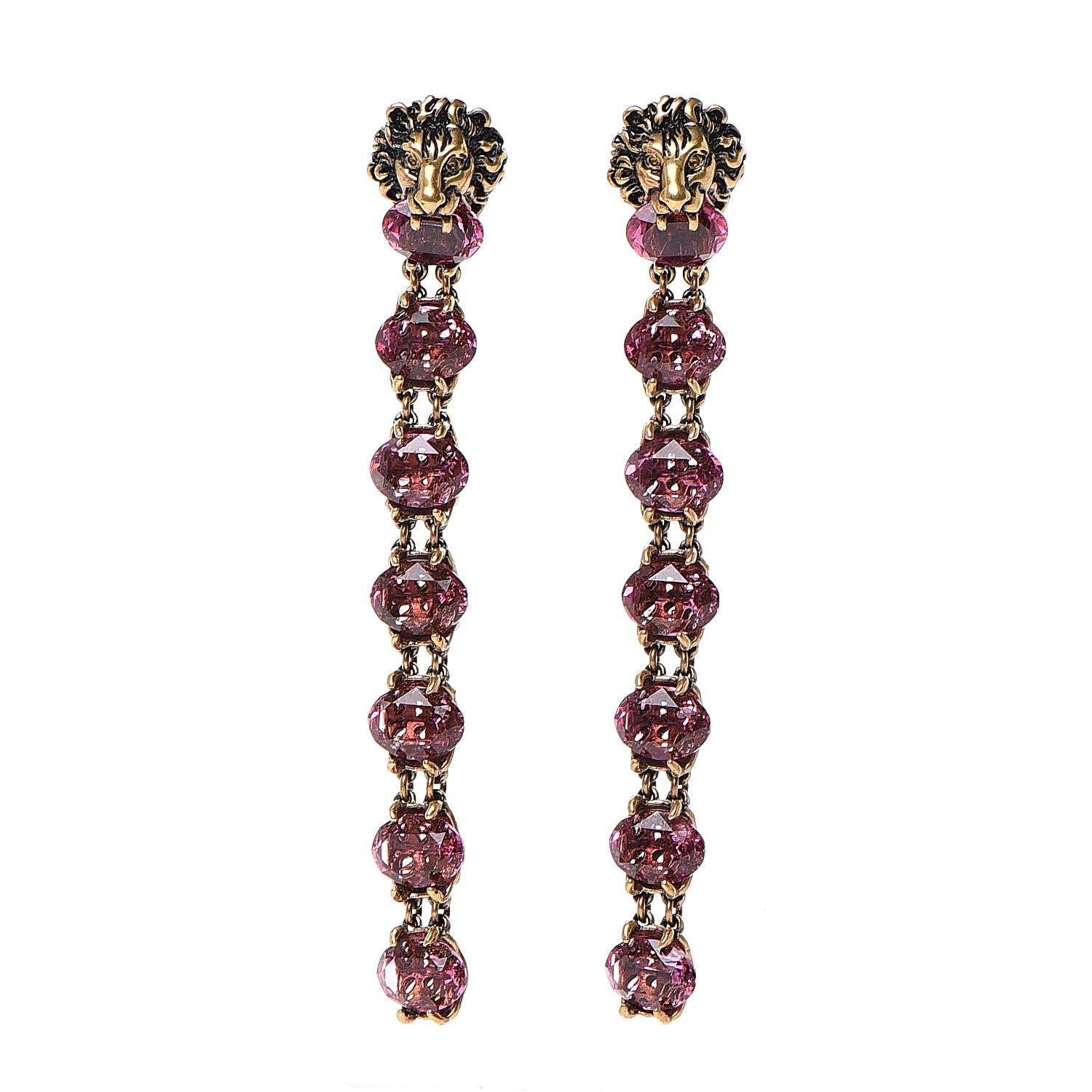 Gucci Crystal Metal Lionhead Drop Earrings Rosa Aged Gold 1 of 4