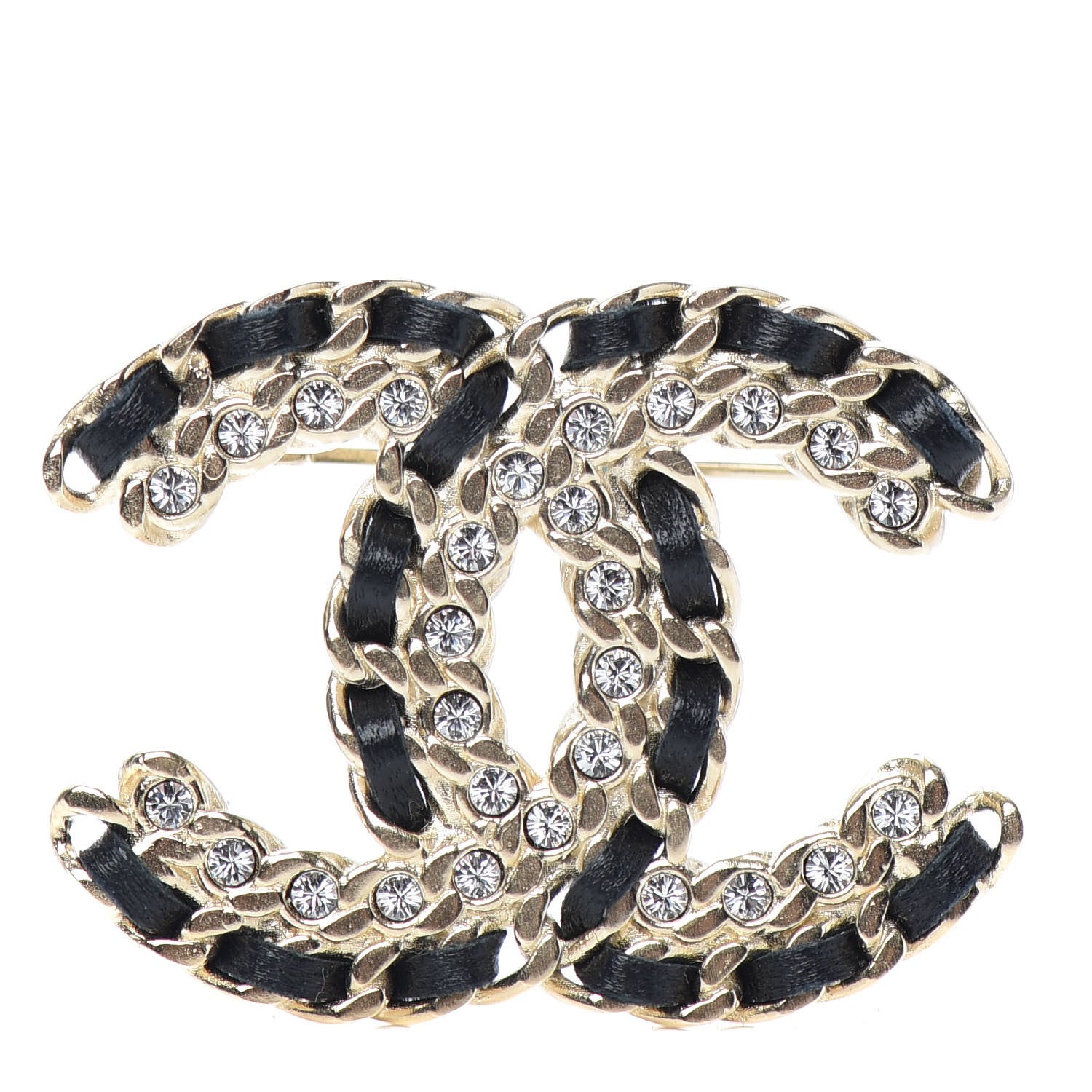Chanel Lambskin Crystal Vintage Allure CC Chain Brooch Black Gold 1 of 4