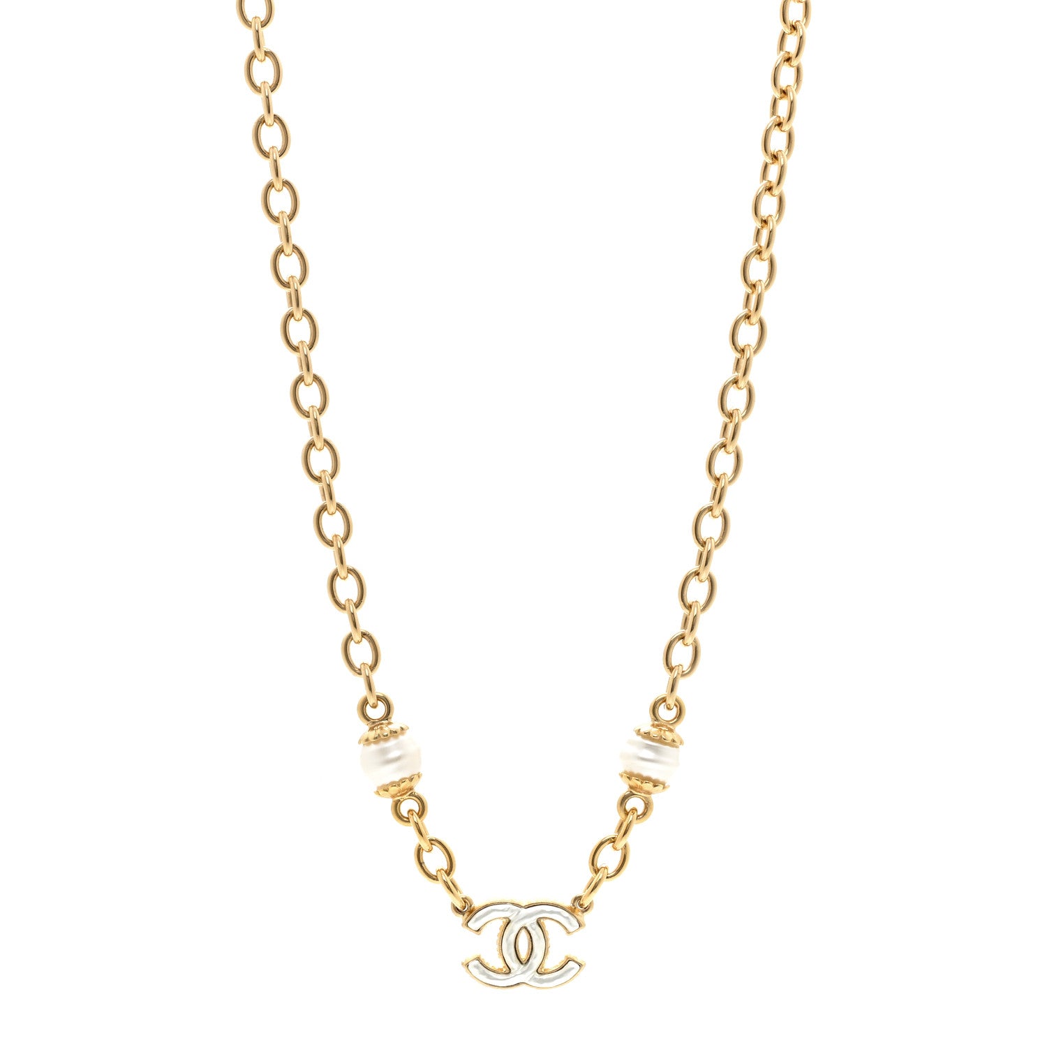 Chanel Metal Enamel CC Necklace Gold White 1 of 5