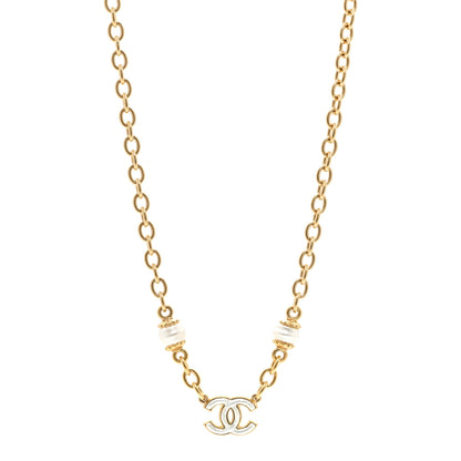 Chanel Metal Enamel CC Necklace Gold White 1 of 5