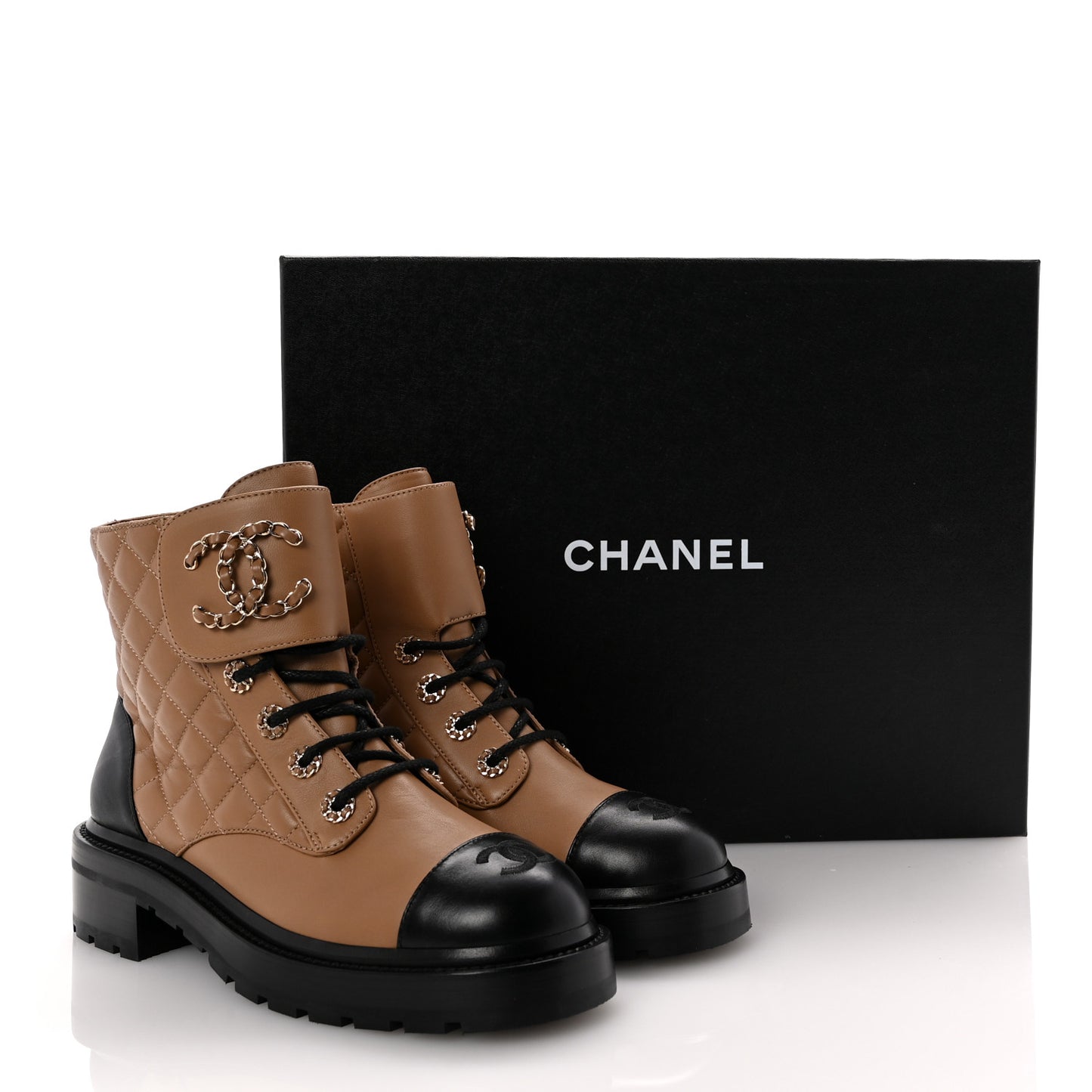 Lambskin Calfskin Quilted Lace Up Combat Boots 37.5 Light Brown Black