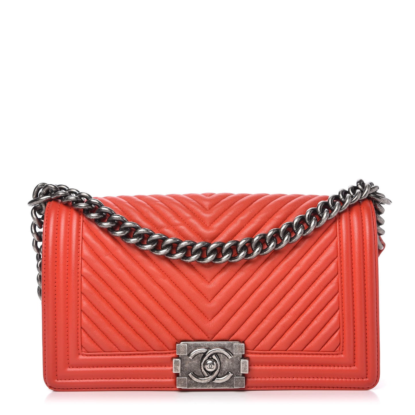 Wrinkled Lambskin Chevron Quilted Medium Boy Flap Orange