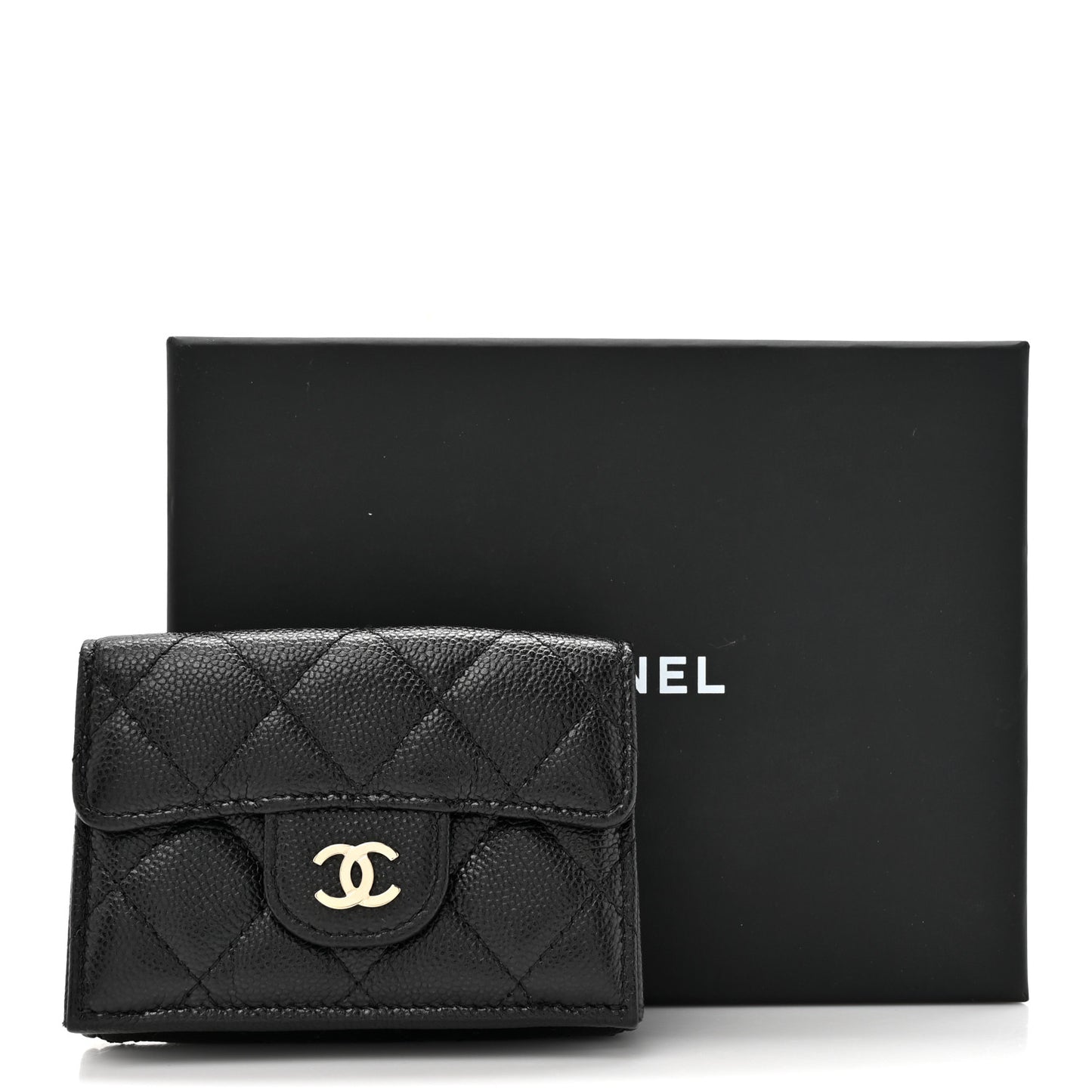 Caviar Quilted Tri-Fold Flap Wallet Black