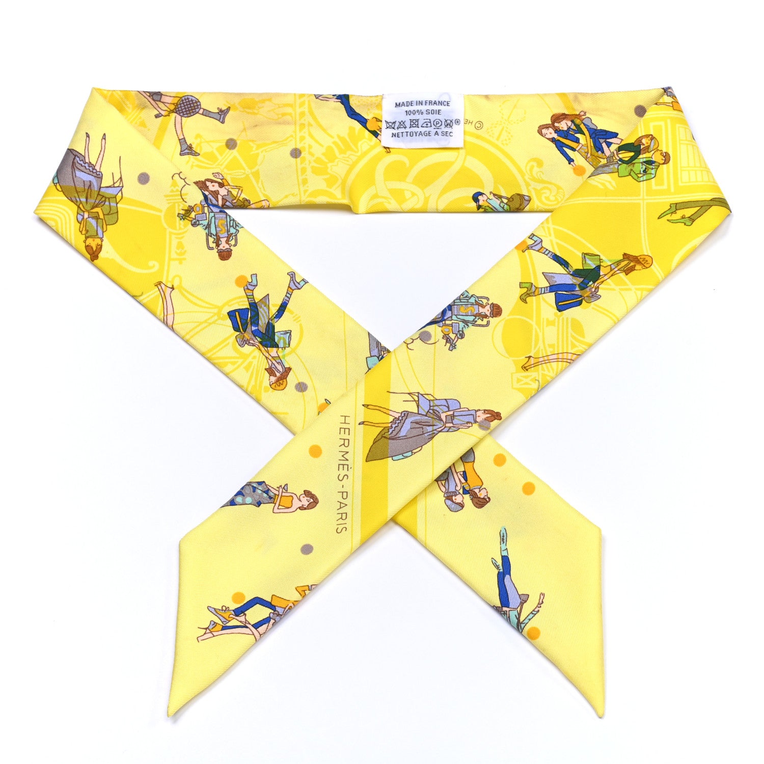 Hermes Silk Ex-Libris Les Parisie Twilly Jaune Soufre Gris 1 of 5