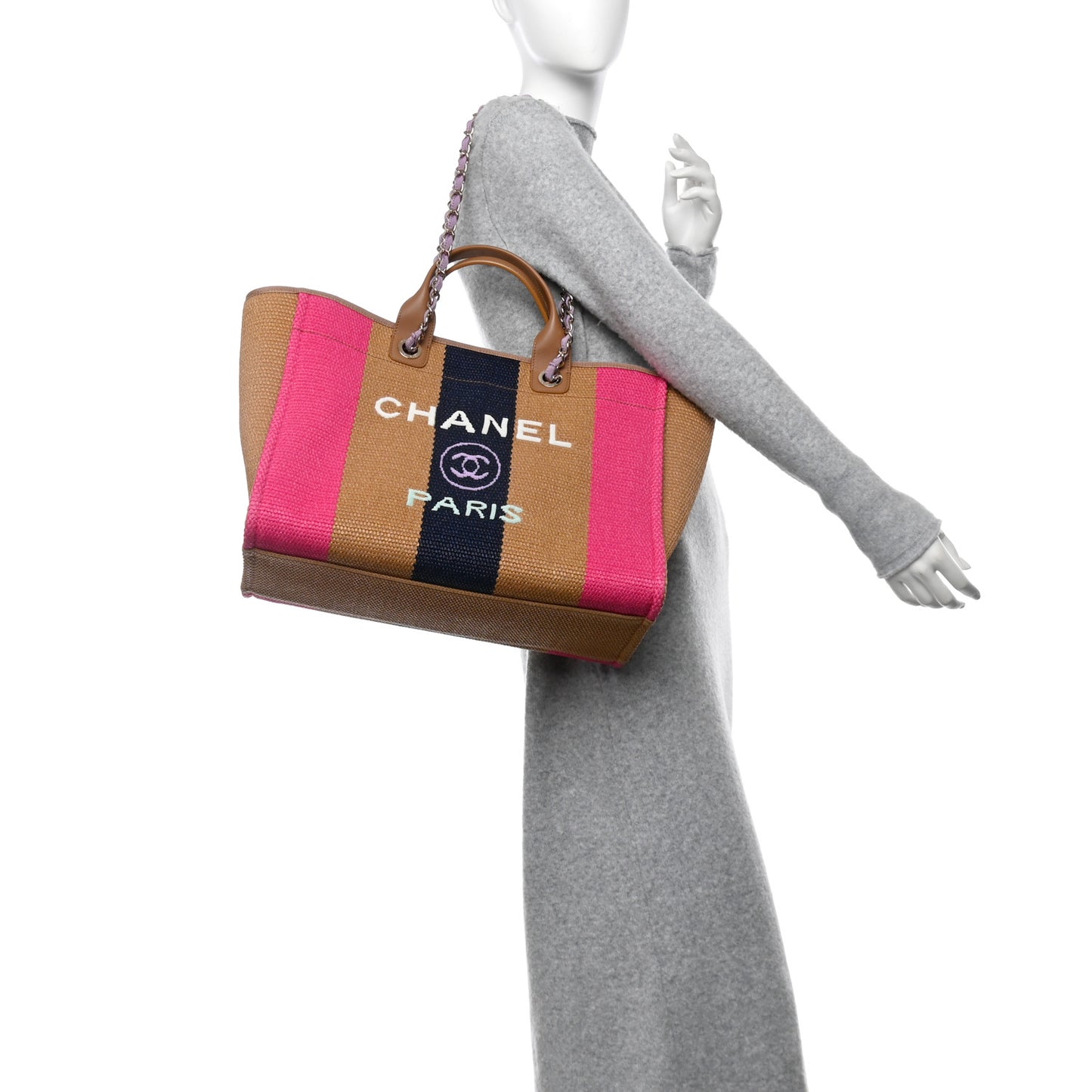 Straw Raffia Calfskin Striped Large Deauville Tote Dark Beige Fuchsia Navy Blue