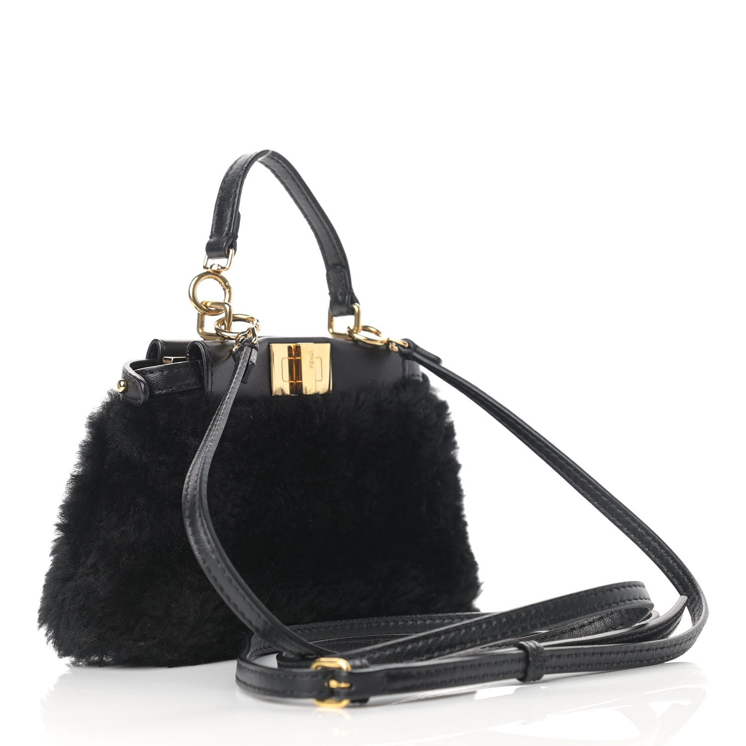 Fendi Shearling Shiny Nappa Micro Peekaboo Iconic Satchel Black 3 of 10