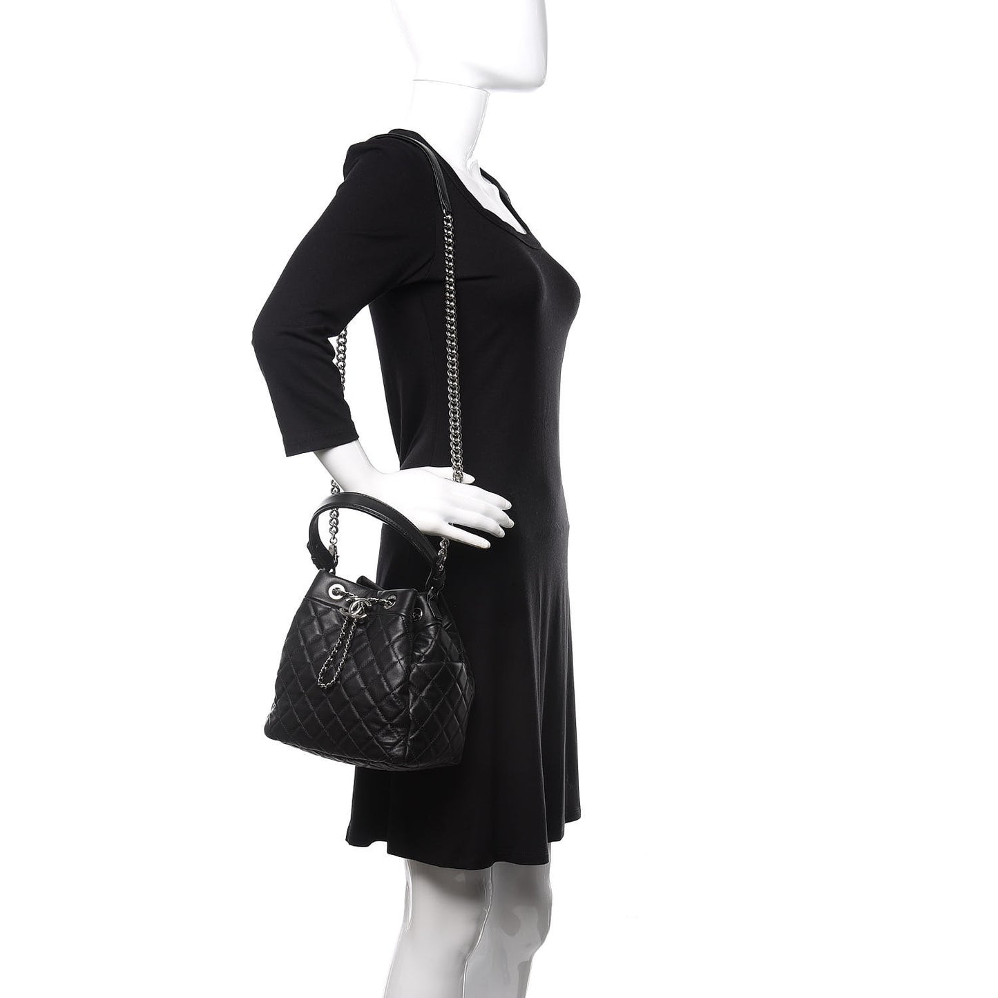Lambskin Quilted Mini CC Chain Bucket Bag Black