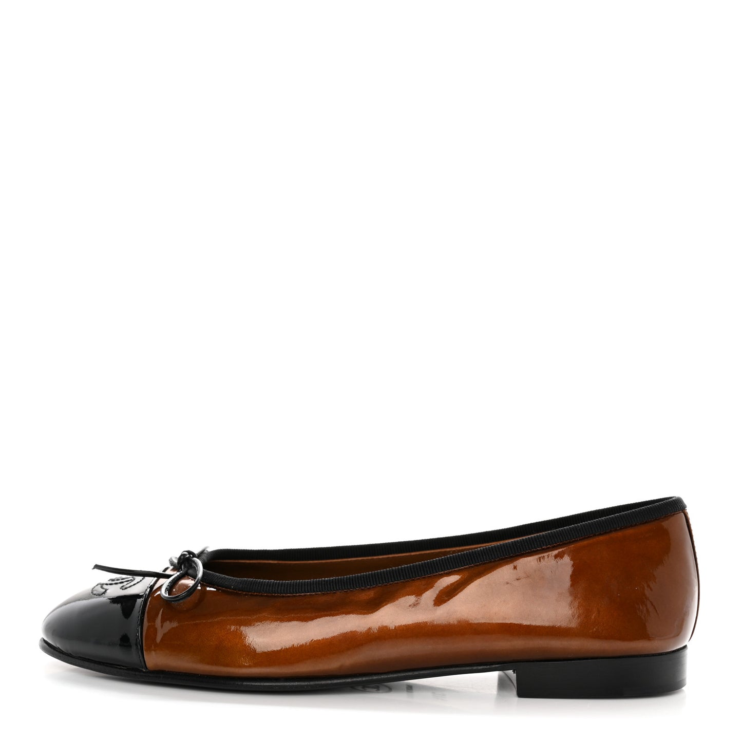 Patent Calfskin CC Cap Toe Ballerina Flats 37.5 Brown Black