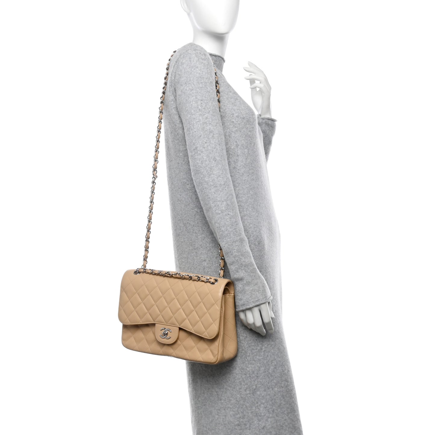 Caviar Quilted Jumbo Double Flap Beige