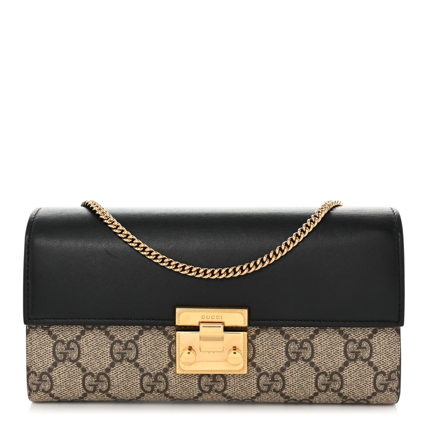 GG Supreme Monogram Moon Calfskin Padlock Continental Chain Wallet Beige Ebony Black