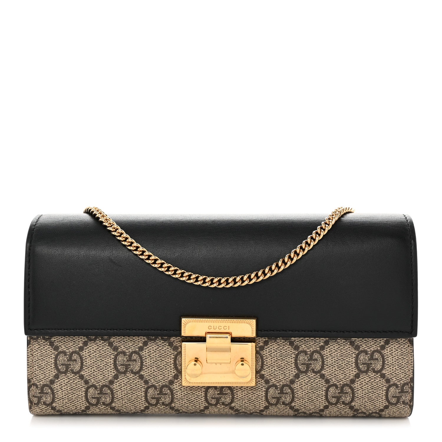 Gucci GG Supreme Monogram Moon Calfskin Padlock Continental Chain Wallet Beige Ebony Black 1 of 10
