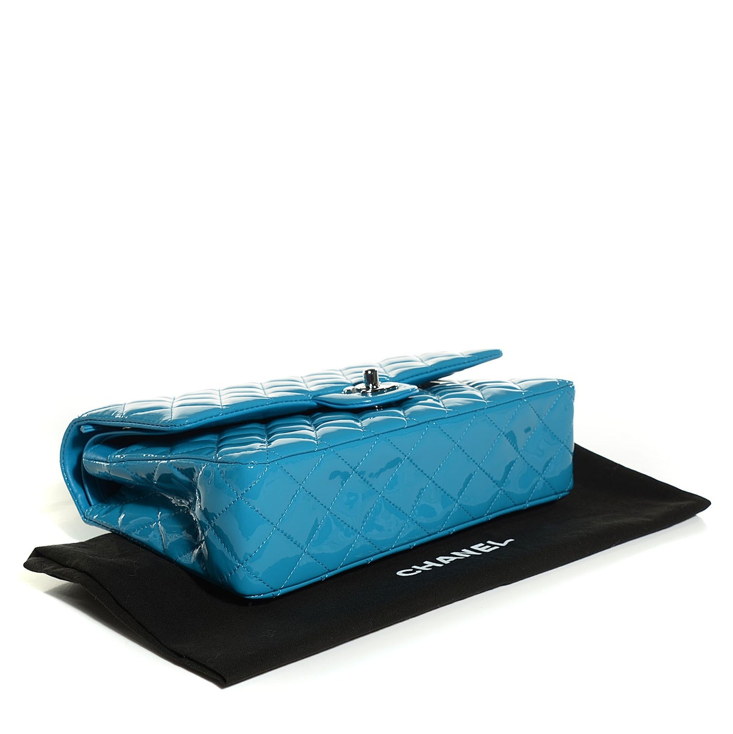 Patent Calfskin Quilted Medium Double Flap Turquoise