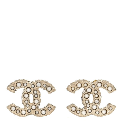 Chanel Metal Graduated Pearl Crystal CC Earrings Light Gold 1 of 5