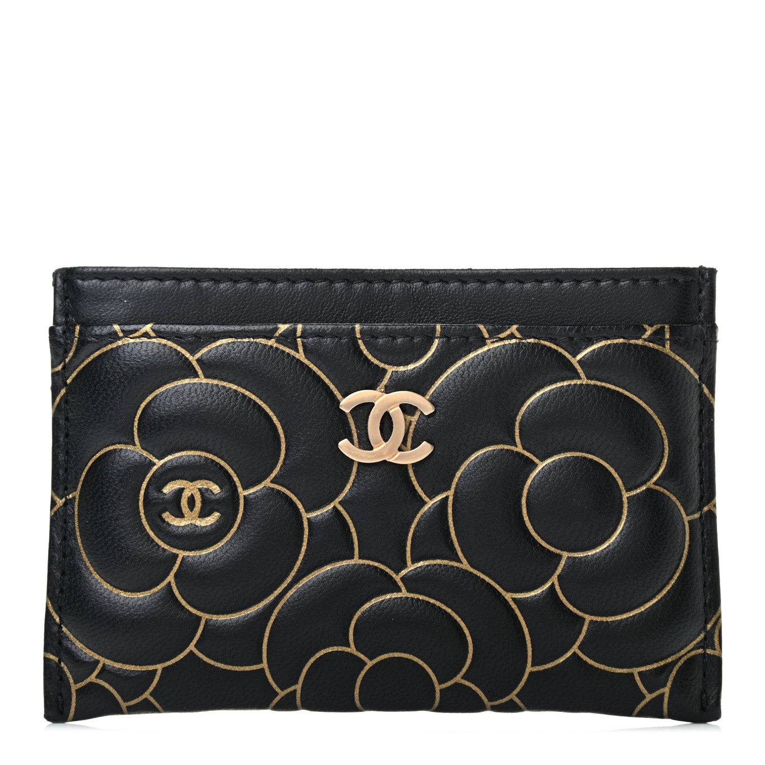 Chanel Lambskin Camellia Embossed Card Holder Black Gold 1 of 7