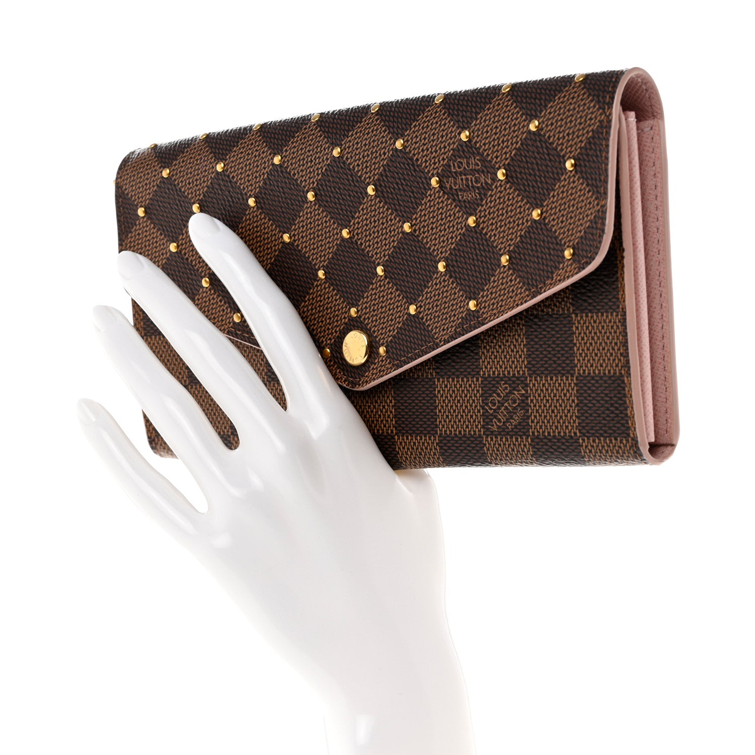 Louis Vuitton Damier Ebene Studded Sarah Wallet NM Rose Ballerine 2 of 9