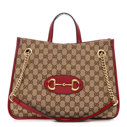 Gucci Monogram New Sakai Calfskin Lux Medium Horsebit 1955 Tote Bag Beige Ebony New Cherry Red 1 of 12