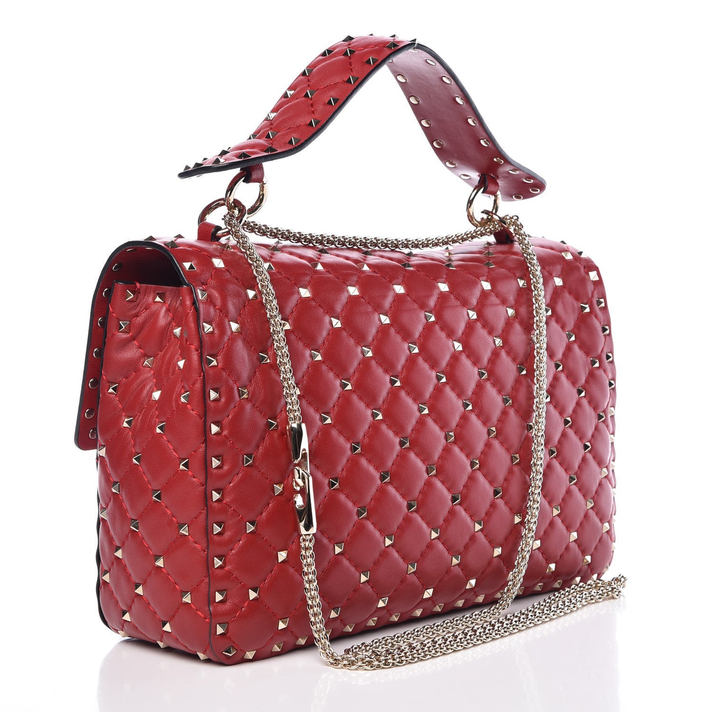 Lambskin Large Rockstud Spike Shoulder Bag Red