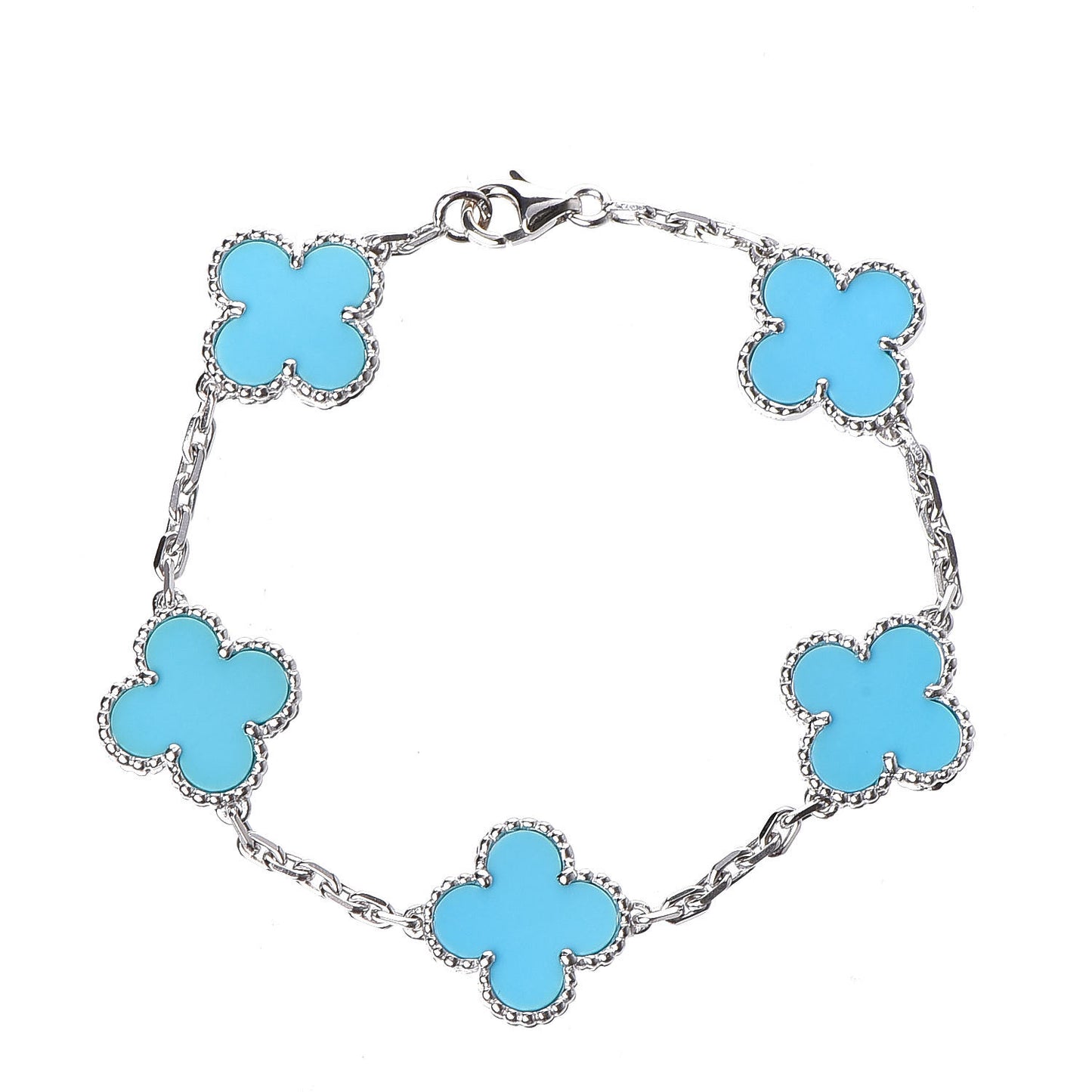 18K White Gold Turquoise 5 Motifs Vintage Alhambra Bracelet