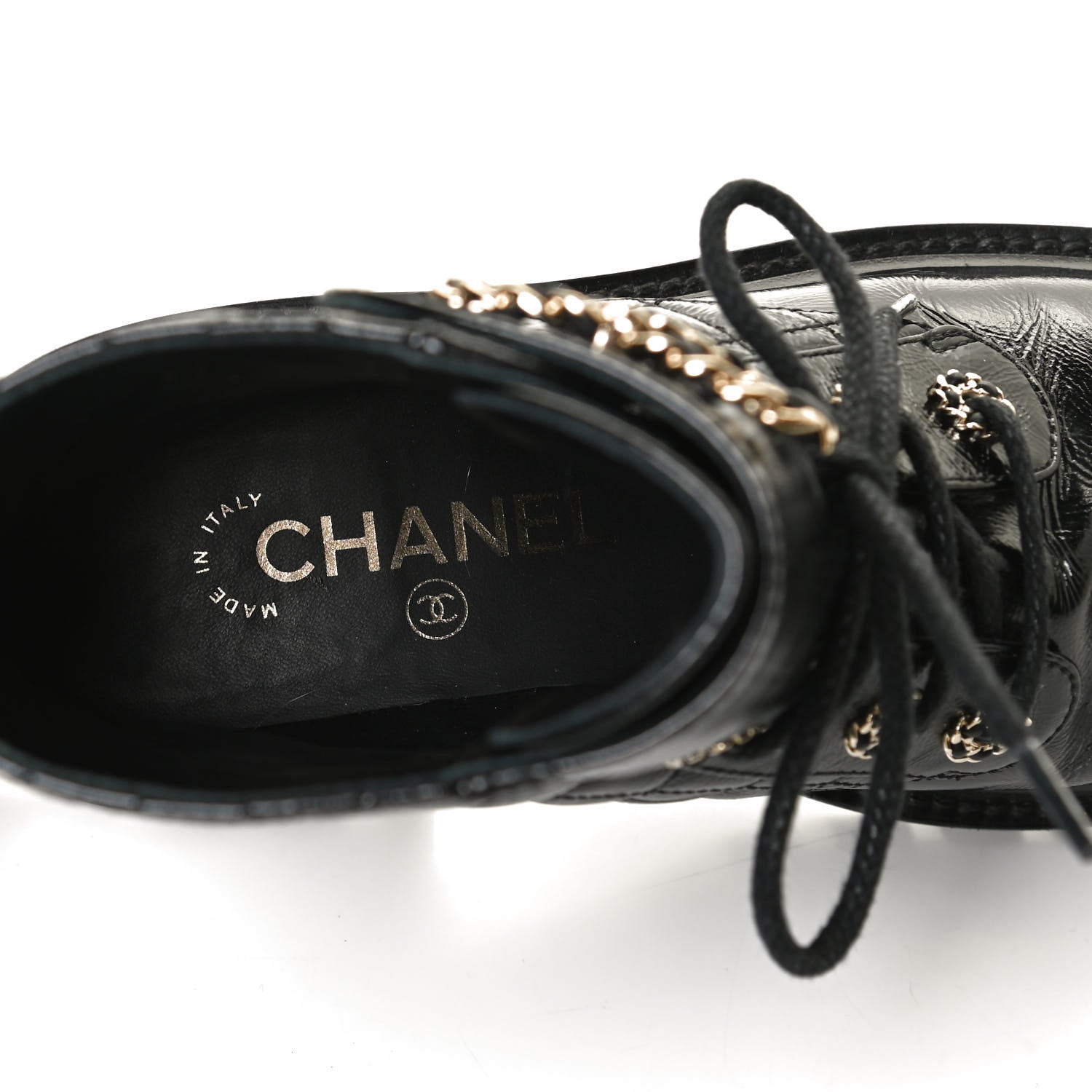 Chanel Shiny Calfskin Quilted Lace Up Combat Boots 35.5 Black 10 of 14